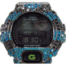 Mens Cubic Zirconia Casio G-Shock Blue and Black CZ Silver Case Watch