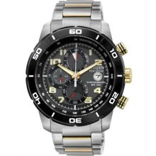 Men's Eco-Drive Chronograph Two Tone Stainless Steel Case and Bracelet Black Dia