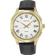 Men's Gold Tone Stainless Steel Case White Dial Quartz Brown Leather Strap