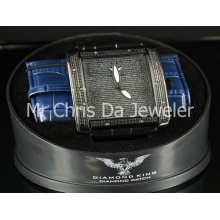 Mens Iced Out Real Diamond King Watch With Leather Band Water Resistant