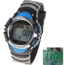 mens Lasika black ,blue & silver digital watch w/alarm rubber band light