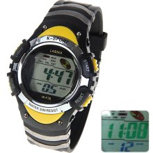 mens Lasika black ,yelllow & silver digital watch w/alarm rubber band light