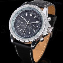 Mens Orkina Mountaineer Automatic Wrist Watch Silver Black Leather Chrono