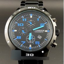 Men's Sport Water Quartz Hours Date Hand Blue Dial Clock Steel Wrist Watches