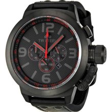 Men's Stainless Steel Case Chronograph Black Dial Red Hands Leather Strap Date D