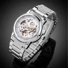 Mens Steampunk Mens Gear Watch, Stainless Steel Case And Band With Awesome White