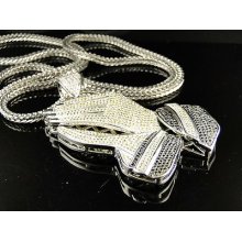 Mens White Gold Finish Canary / Black Simulated Diamonds Praying Hands Chain Set