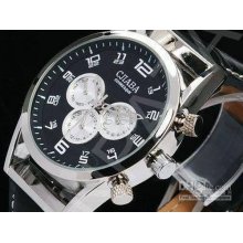 Men's Wrist Watch 12/24h Weekday Date Day Black Leather Water Resist