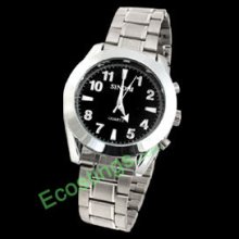 Metal Band Dial Round Silvery Men's Quartz Wrist Watch