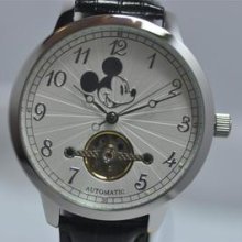 Mickey Mouse Collectors Open Heart Automatic Black Leather Watch Mck798 Leather