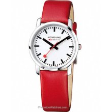 Mondaine Mens Simply Elegant Slim Stainless Watch - Red Leather Strap - White Dial - A672.30351.11SBC