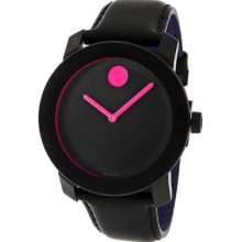 Movado Bold Museum Dial Face Pink Dot Black Purple Leather Strap Watch 3600018