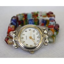 Multi-colored Glass Cube Beaded Watch Bracelet