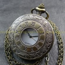 N26 Brass Color Classic Roman See Thru Case Quartz Pocket Watch With Necklace