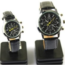 Nary Fashionable Faux Leather Band Couple Watch Waterproof Quartz Black Dial