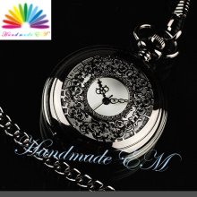 Necklace Mens Pendant Dark Silver Pocket Watch Quartz Gift Chain Wp093