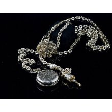 Necklace, vintage gold/silver tone chain with pocket watch pillbox, Swarovski crystals and elements, vintage modern