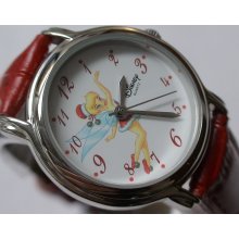 New Disney Tinkerbell Ladies Silver Watch $175 w/ Red Croco Strap