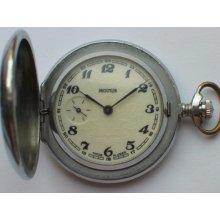 Nice Soviet Molnija Pocket Watch Chromed Hunter Case Classic Dial Serviced