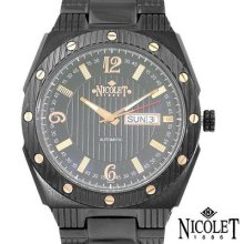 Nicolet Automatic Swiss Luxury Watch Nt322134bkbk, Polished Black With Day/date