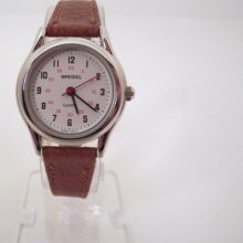 NOS Vintage early 1990s Speidel Silvertone Quartz Retro Woman's Ladies Watch W/RED Sweep Second Hand /Tan Leather Band Japan Movement