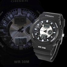 Ohsen Lcd Dual Core Time Date Digital El Backlight Men Rubber Sport Watch Gbh