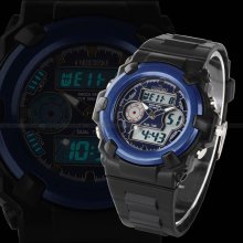 Ohsen Lcd Dual Time Date Day Alarm Display Analog Black Rubber Sport Watch Gbh