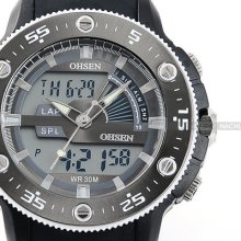 Ohsen Mens Black Lcd Dual Core Sport Day Date Alarm Chronograph Rubber Watch