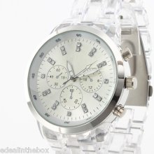 On Sale Women's Quartz Wrist Watch With Clear Plastic Band Nice Round Scale