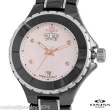 Oniss Ceramic Swiss Mov't Midsize Watch Pink Mop Dial Date Msrp $1,000