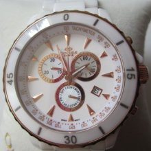 Oniss Deluxe Men's Watch Chrono Quartz All White Ceramic Rose Gold Sapphire