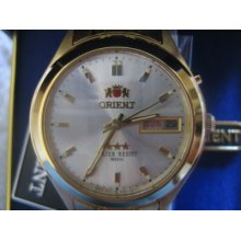 Orient Japan Men's Watch Automatic Ss Gold Tone 21 Jewels Cut Carved Crystal