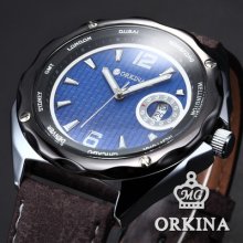 Orkina Hot Fashion Coffee Leather Band Mens Date Hours Sport Quartz Analog Watch
