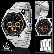Orkina Mens Black Dial Tachymeter Miyota Movement Silver Steel Band Wrist Watch