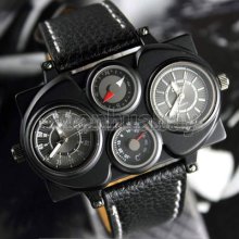 Oulm Military Army Dual Time Zone Wristwatch 2 Dial Leather Sports Mens Gift