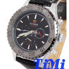 Ouyawei Mens Multi Function Black Watch Date 24h Automatic 3 Dial Le