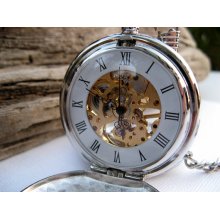 Pocket Watch Engraved Silver Roman Mechanical - Double Cover - Groomsmen, Wedding, Men, Victorian Steampunk Era - Item MPW66