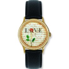 Postage Stamp Love Letters Black Leather Band Watch