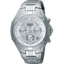 Pulsar By Seiko Men $199 Chrono Silver Stainless Steel Quartz Watch Pt3203