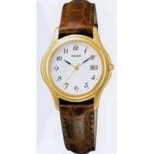 Pulsar Ladies `brown Strap Watch W/ Goldtone Case & White Dial