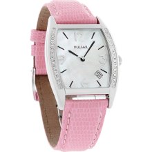 Pulsar Ladies Crystal MOP Dial Pink Leather Strap Quartz Watch PXD989