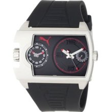 Puma Mens Motor Traffic Black & Red Dial Stainless Steel Case Dual Time Watch