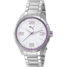Puma Womens Driver White Dial Purple Accents Stainless Steel Bracelet Watch