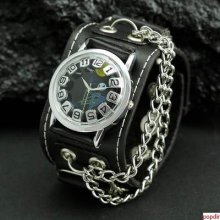 Punk Rock Black Leather Cuff Skull Watch Bracelet For Men Boy Casual/dress Watch