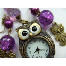 Purple OWL, pocket watch necklace, with matching earring, by NewellsJewels on etsy