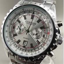 Quartz Hour Dial Date Water Silver Clock Sport Men Steel Wrist Watch Wv221
