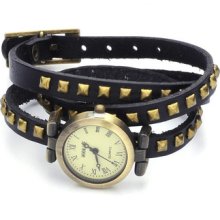 Quartz Punk Wrap Rivet Stud Retro Triple Strap Leather Wristband Watch Bracelet