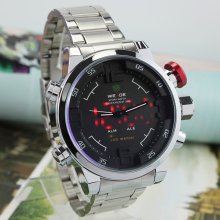 Red Led Dual Display Dial Mens Sporty Fashion Quartz Wrist Watches S-steel Alarm