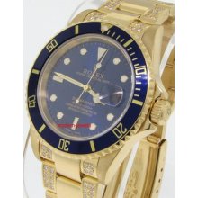 Rolex 16618 Submariner 18k Gold Watch - No Holes Pave Diamonds Blue Dial Mint