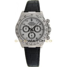 Rolex 40mm Black Leather Strap 18K White Gold Daytona Model 116519 White Face Manufactured in 2012